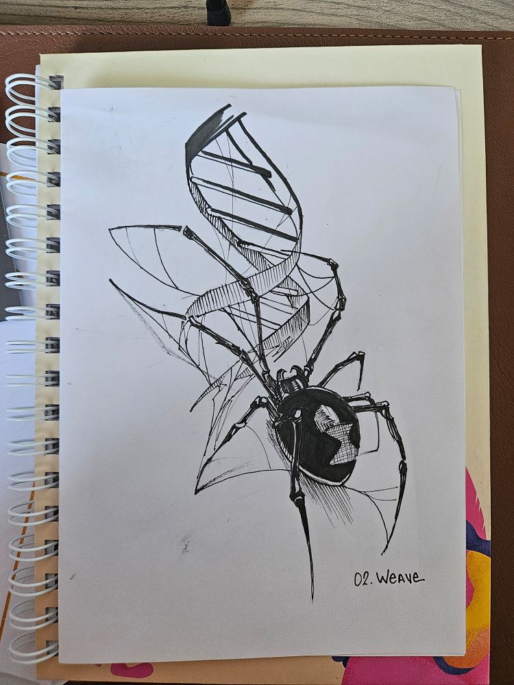 Desenho a caneta de uma aranha tecendo uma molécula de DNA 