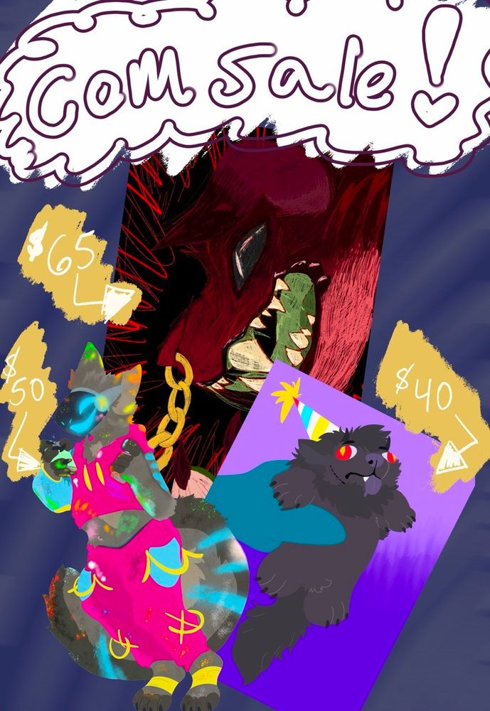 A variety of commissions offered from funny meme pictures to experimental work to full body commissions