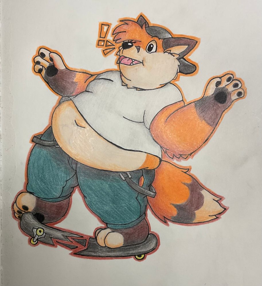 A fat fox fursona (Texan) starting to fall as his skateboard cracks in two from all his extra weight. His shirt lifts up as he falls exposing his large belly, and the fall leaves a rip at the seams of his dark green pants. He's wearing a black backwards cap.