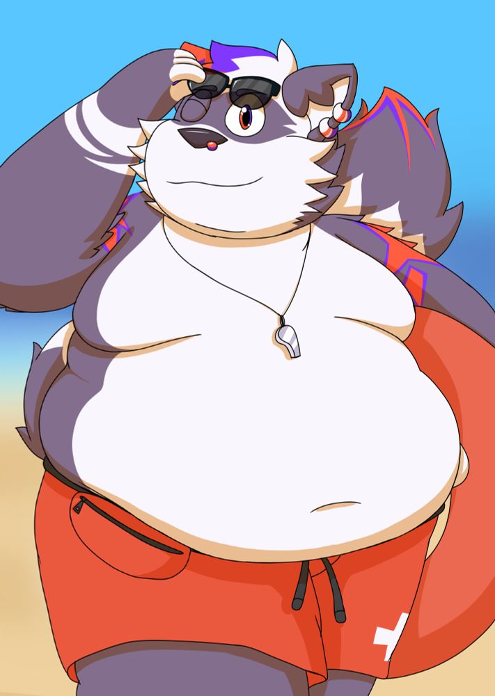 An obese purple raccoon fursona, shirtless wearing sunglasses and lifeguard swimming trunks with a fanny pack on the side. He’s at the beach holding a red pool donut and smiling at the viewer, his prominent gut full on display.
