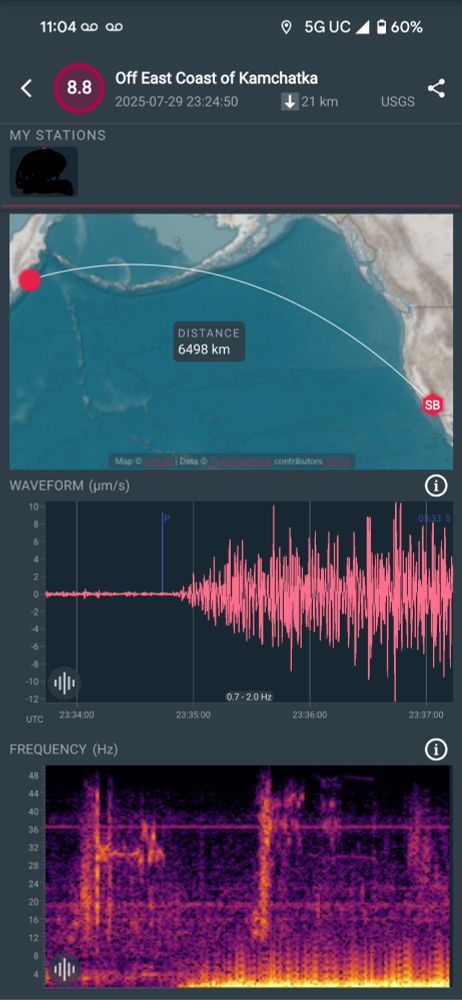 Seismograph of the quake in the kamchatka from a tiny raspberry pi seismograph in southern California!