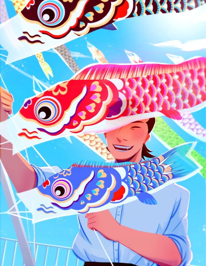 illustration of man flying koi kites