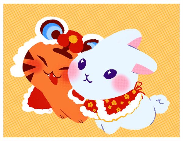 smiling bunny with a capelet and smiling tiger wearing chinese lion costume against a yellow polka dot background
