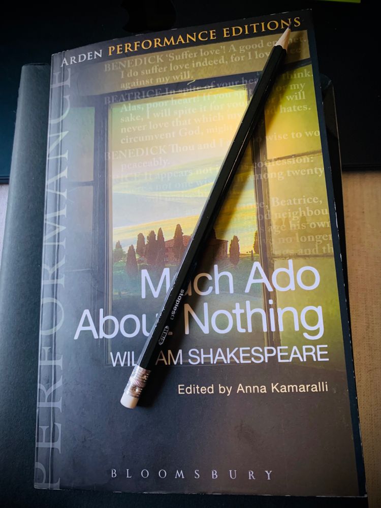 cover of an Arden edition of Much Ado About Nothing (featuring a window and a view of illustrated trees and sky) with a pencil lying across it.