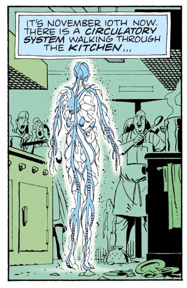 a screenshot from Watchmen of a circulatory system that states “it’s November 10th now. There is a circulatory system walking through the kitchen”