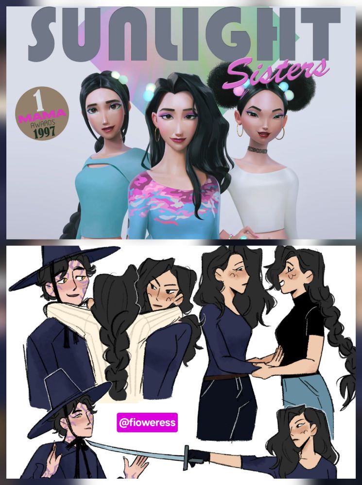 On top is concept art of the Sunlight Sisters by the KPDH production crew. On the bottom is KPDH Celine fanart by @fioweress that influenced parts of the story.