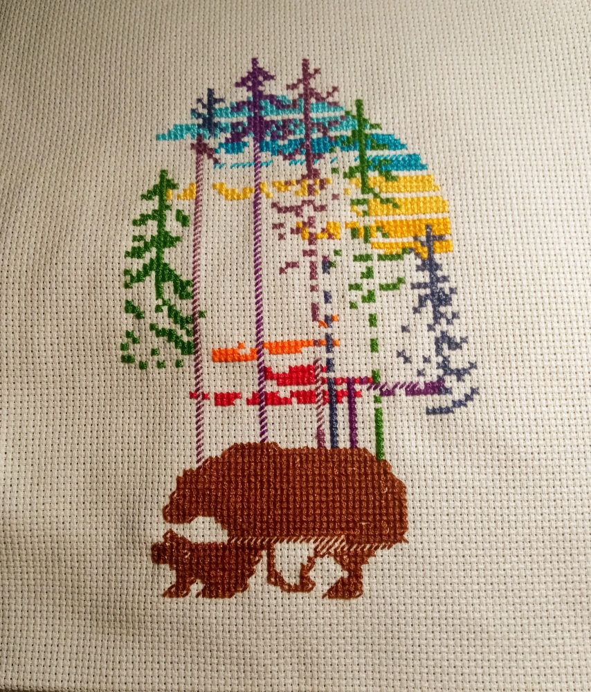 A bear and cub are walking through a forest at sunset