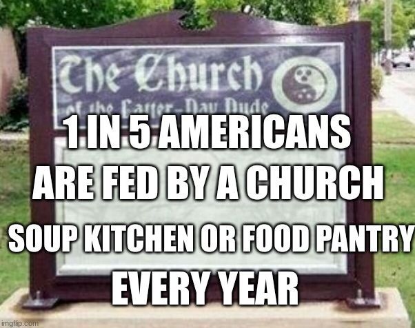 Sign that says 1 in 5 Americans are fed by a church soup kitchen or food pantry every year.