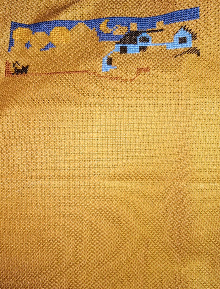 A light blue house against a darker blue sky  with some trees and moon started and a black cat walking along a red dirt road