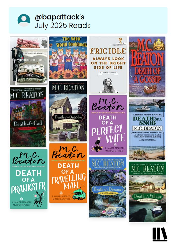 Collage of book covers that from the books I read this month: The Embroidered Closet, the NAFO World Cookbook, Eric Idle's autobiography, 9 Hamish Macbeth mysteries
