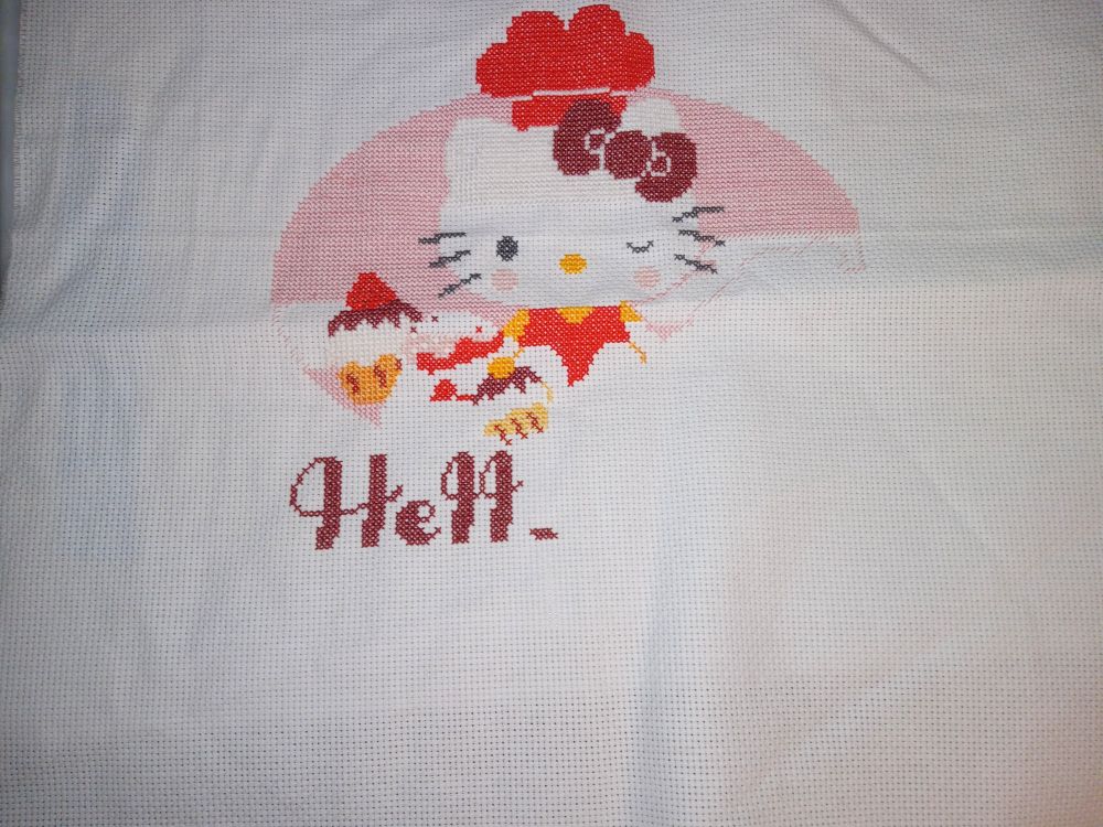 Hello Kitty is wearing a red chef's hat and winking while she sits in a pink circle with some cupcakes
