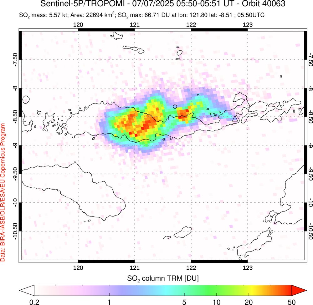 Map of column amounts of sulfur dioxide (SO2) gas in the Lewotobi volcanic plume, measured by the Sentinel-5P/TROPOMI satellite instrument. The map shows SO2 spreading west of the volcano in the upper troposphere.