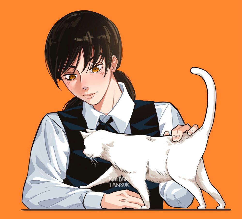 Asa Mitaka from Chainsaw Man petting a cat