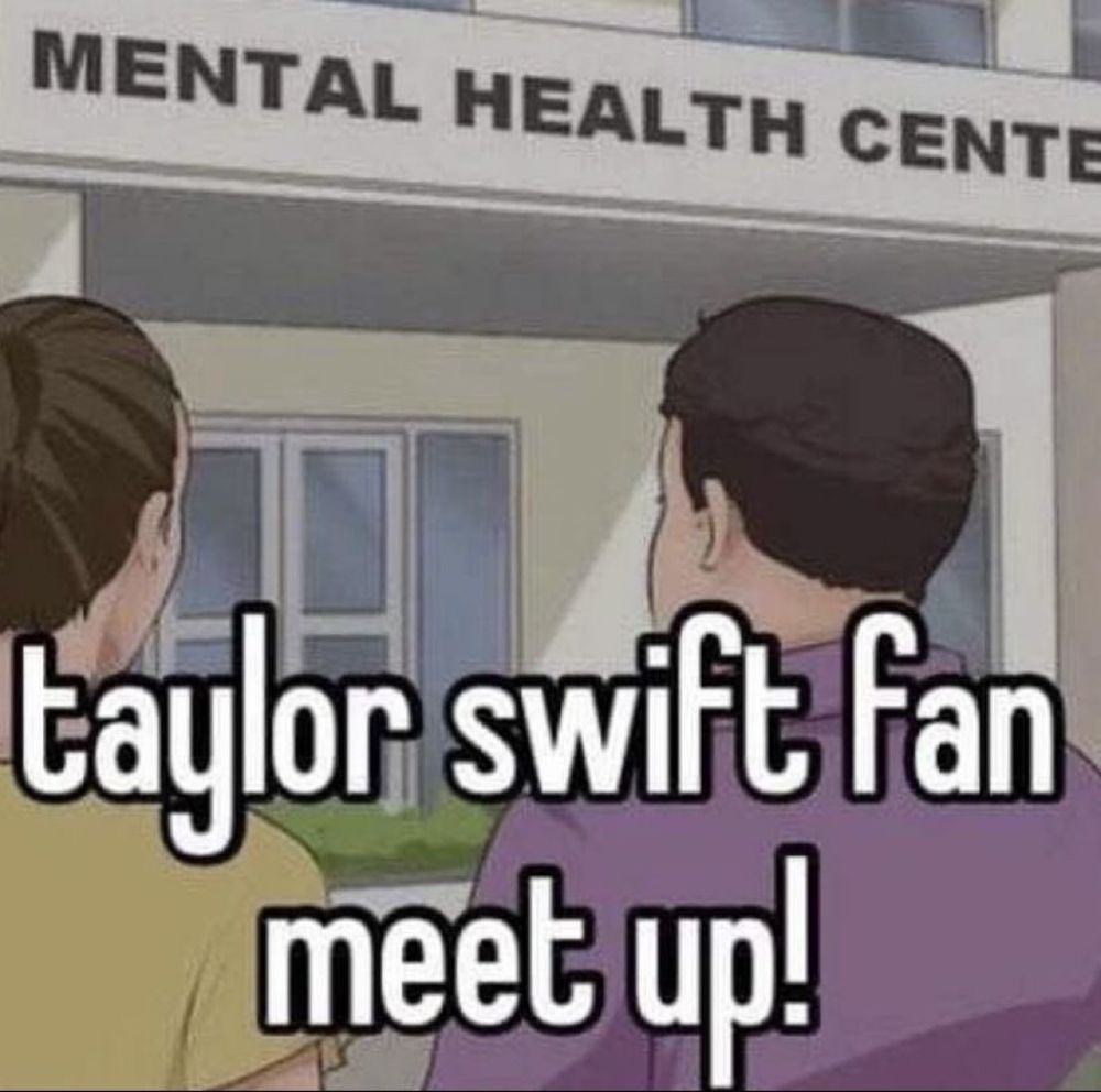A cropped image of a drawing of two people entering a building with the words “Mental Health Center” upfront. In the bottom of the image is text saying “taylor swift fan meet up!” 