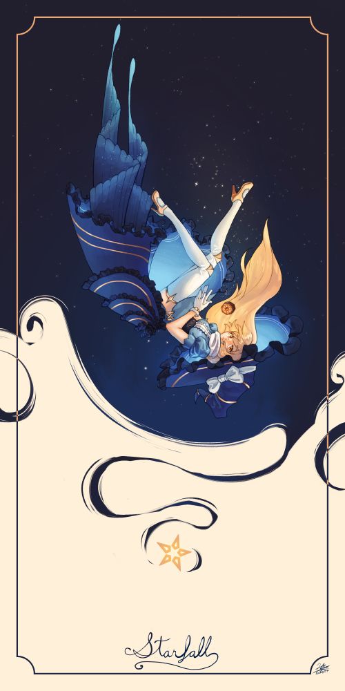 Marisa Kirisame, in a blue-gold redesign, falling through the starlit sky