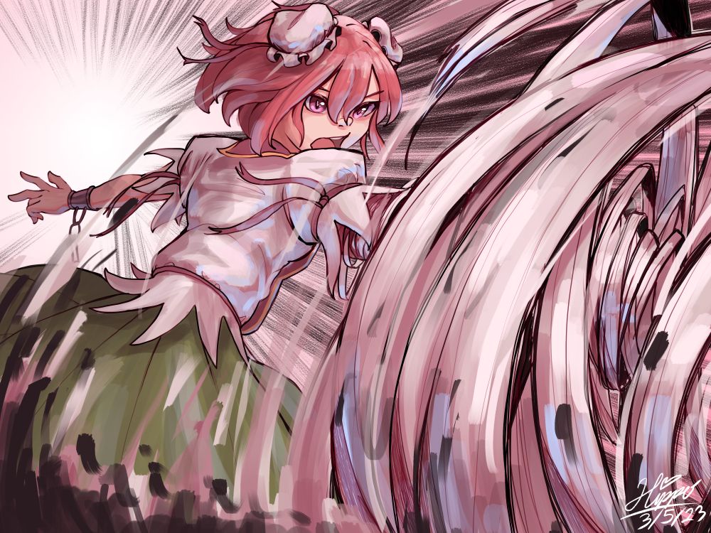 Kasen Ibaraki punches forth with her bandaged hand forming a whirlwind