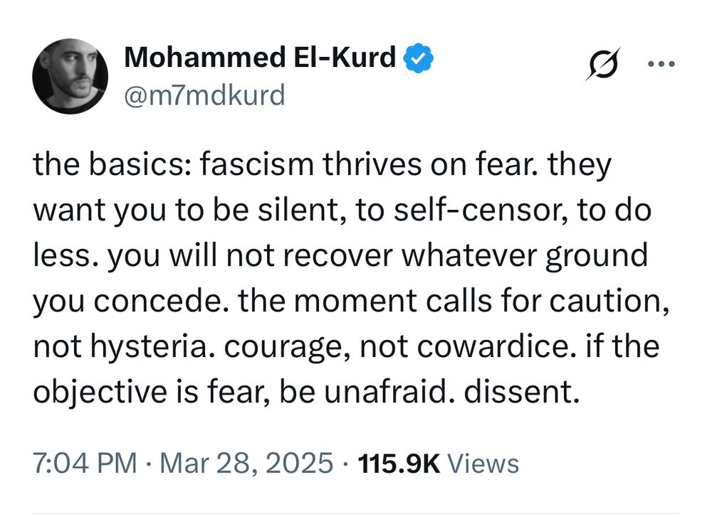 Post from Twitter by Mohammed El-Kurd
“The basics: fascism thrives on fear. They want you to be silent, to self-censor, to do less. You will not recover whatever ground you concede. The moment calls for caution, not hysteria. Courage, not cowardice. If the objective is fear, be unafraid. Dissent.”