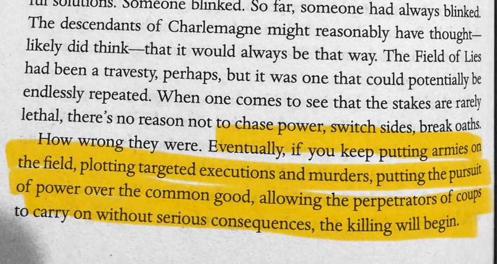 Eventually if you keep putting armies in the field, plotting targeted executions and murders, putting the pursuit of power over the common good, allowing the perpetrators of coups to carry on without serious consequences, the killing will begin. 