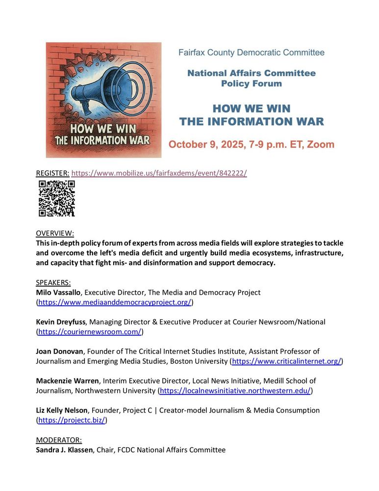Flyer for the "How We Win the Information War" panel. Register: https://www.mobilize.us/fairfaxdems/event/842222/