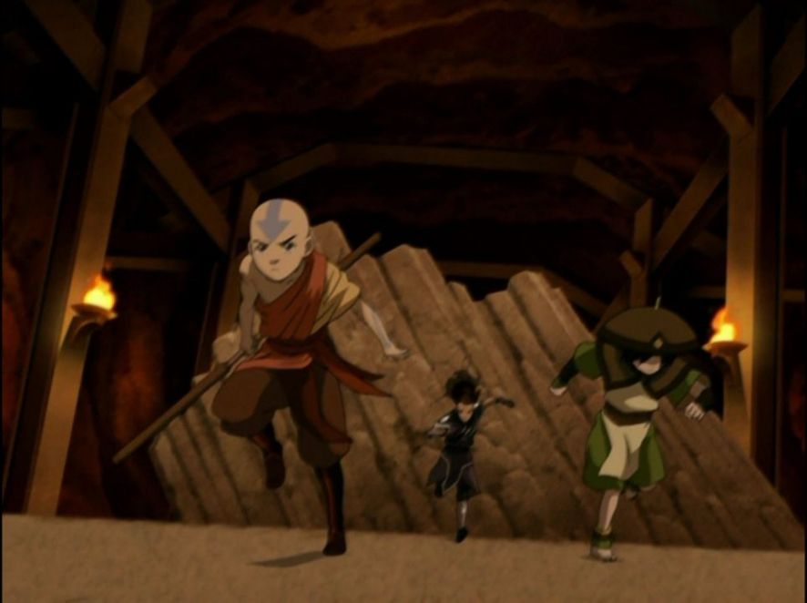 The same still, showing the original art. The painted backgrounds look great, and the scene is fantastic in motion, but details like Sokka's face don't make it into a frame At this distance.