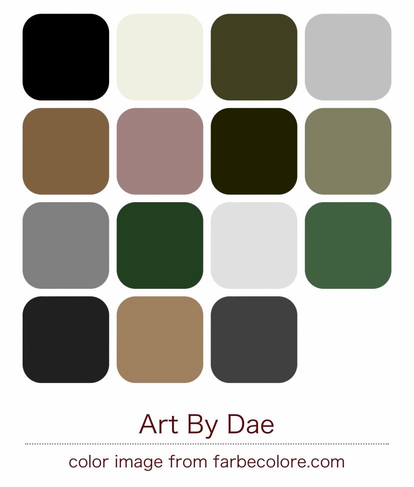 A color palette based on “Art By Dae”; it is filled with earth tones of green, a range of grays, a few browns, and a desaturated blush tone