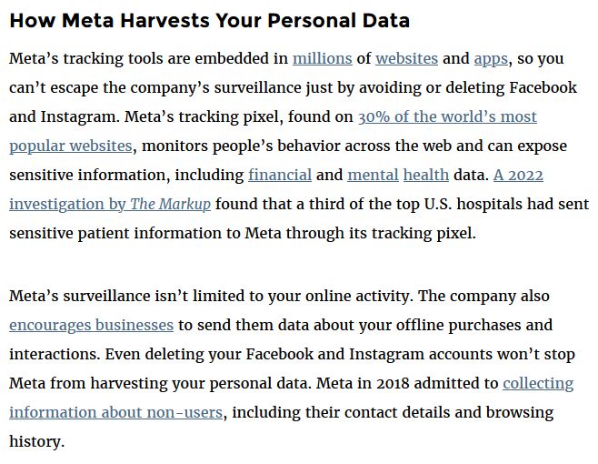 Image shows sample of text describing how pervasive Meta surveillance is.
