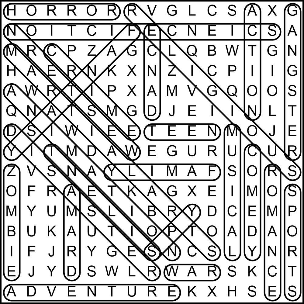Completed word search puzzle showing movie genres highlighted