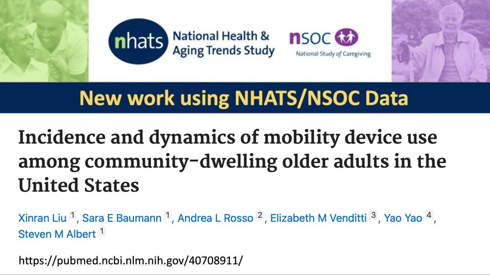 Top: Green-tinted image of an older Black woman & a younger Black male holding hands and smiling at each other. Center: NHATS & NSOC logos w/navy banner & yellow lettering, “New work using NHATS/NSOC Data.” Bottom: On a white field, article title, authors.