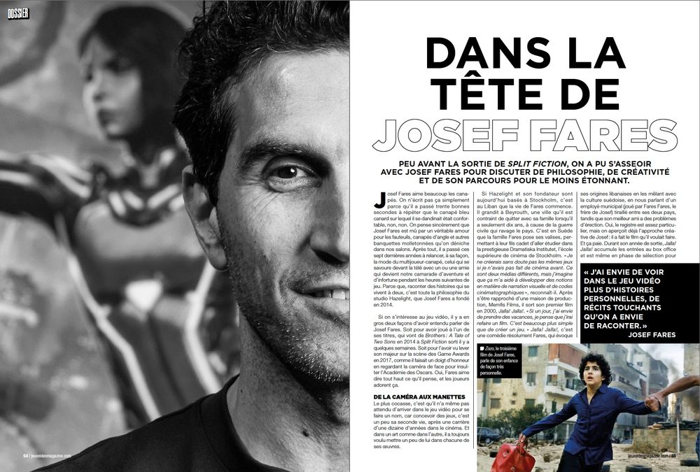 Un extrait d'un article de Jeux Vidéo Magazine sur le créateur Josef Fares. On y voit le visage de l'interviewé, ainsi qu'une photo d'un de ses films.