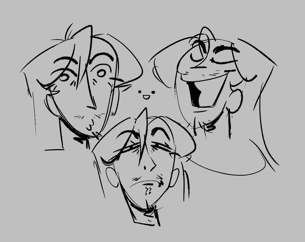 3 sketches of Kaveh from Genshin Impact, one left curious, right one proud of himself (what a good boy), and down here angry one who thinks you do something, but can't prove it