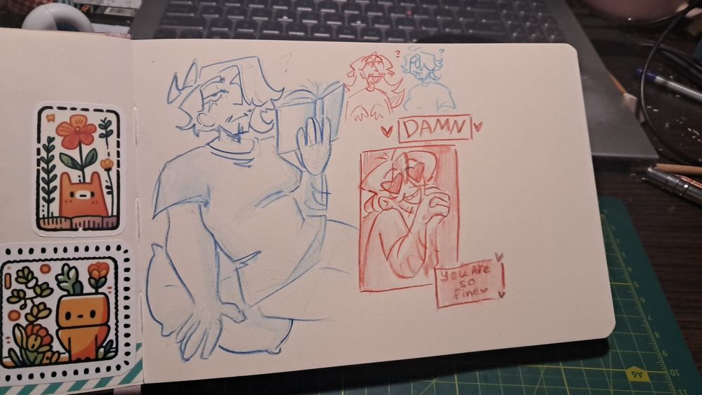 Alhaitham sitting on the the sofa, unshaven, and Kaveh stares at it mesmerized 