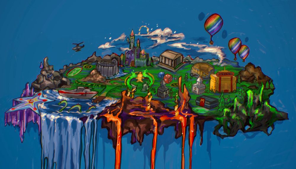 joeys castle tabletop game art by me, imagined like a fantasy style floating island . on the left we have star road with amethyst crystals, a cave, a sports field and track, a helicopter pad and a helicopter hovering above, a yacht, a lagoon with a serpent dragon in it, a brown wooden dock at the beach, hell represented by a lava rocky area that lowkey looks like mustafar, some small iron fences around next to the mineshaft and prison, a small pond/moat between the prison and joeys castle, the castle itself at the top, and above that are clouds and heaven, below the castle is golden fren encircled by some green acid and a fence and stone pillars, a red and blue die, evil church, regular church, another helicopter landing pad, a small vial of poison, the bank, the colosseum, a small grey alien, the yellow casino and a mcdonald’s beside it, trees dotted around near the acidic mountainous region on the bottom right, a tiny spot that says name all the beatles (with a picture of skrillex), another small hill with mud, and above that is a tornado and a bunch of rainbow colored hot air balloons 