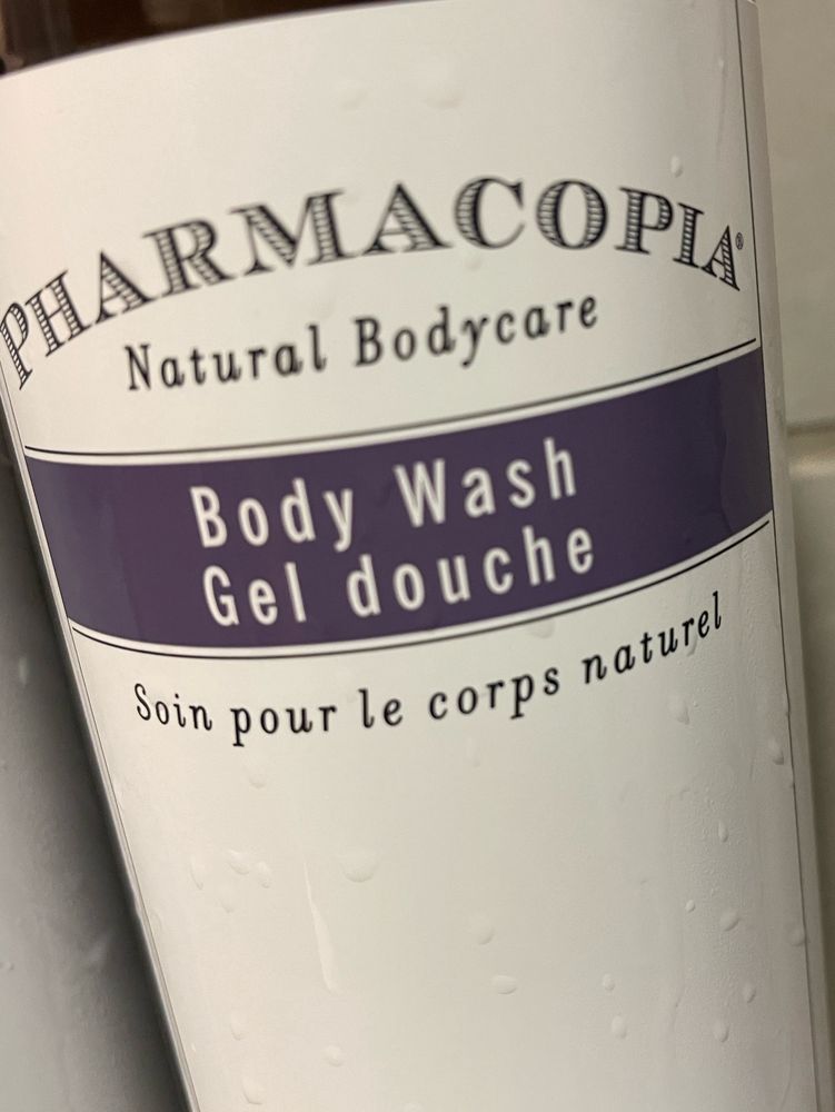 Detail of a pharmacopia natura body care body wash bottle from the hyatt regency hotel in Minneapolis seen during CONvergence 2024. The name of body wash in French is Gel douche