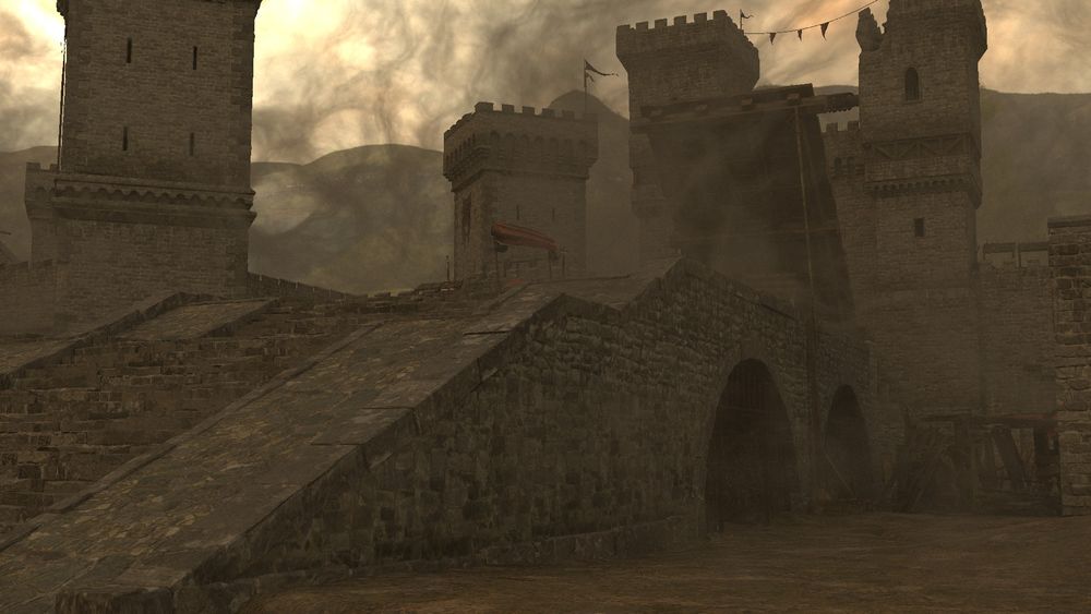 Medieval castle viewed from the right of the main ramp to the front gates.