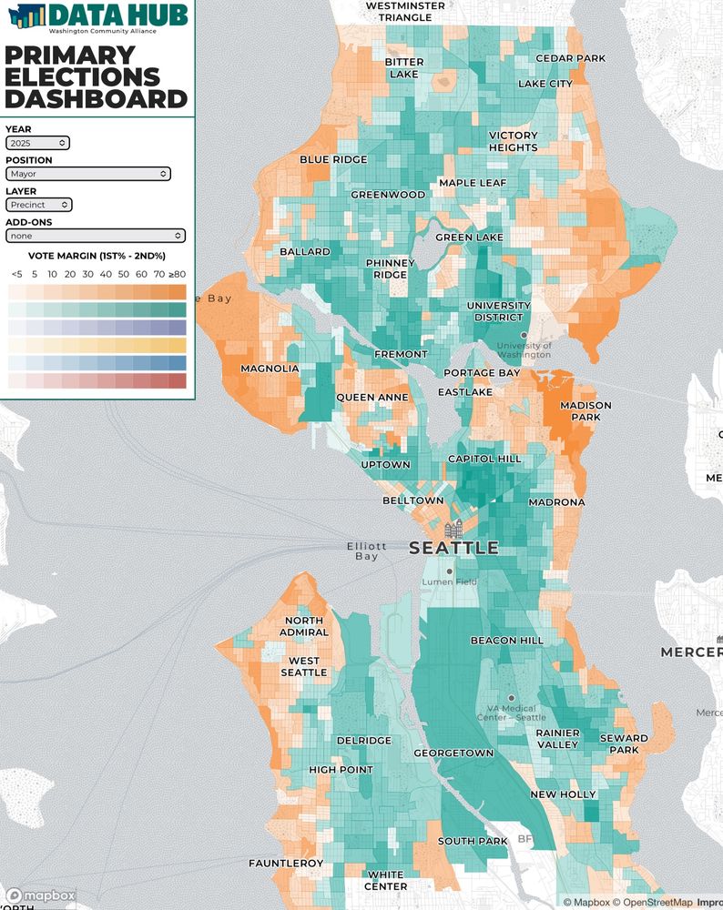 Mapped Seattle 2025 Mayoral Primary results (Wilson vs Harrell) by precinct, via Washington Community Alliance Data Hub