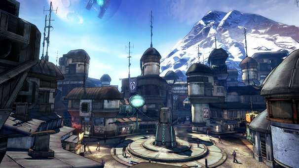 The skyline of a ramshackle, industrial, makeshift town resting on a massive mining ship. The hub town of Borderlands 2 "Sanctuary".
