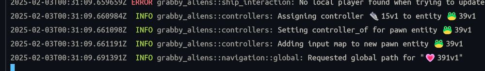 Bevy console output showing 4 lines of logging referring to entity numbers 🐸39, 🐸39, 🐸39, then 💗391.
