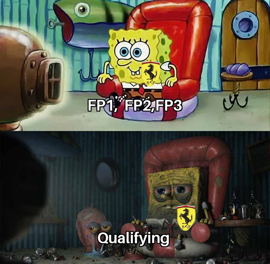 happy Ferrari Spongebob in FP1, FP2 and FP3 alongside depressed Ferrari Spongebob in Qualifying