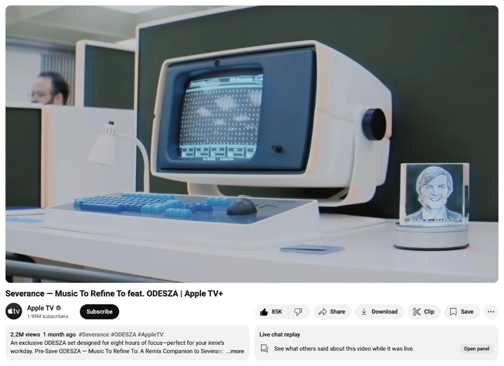 YouTube screenshot showing video titled 'Severance - Music To Refine To feat. ODESZA' by Apple TV