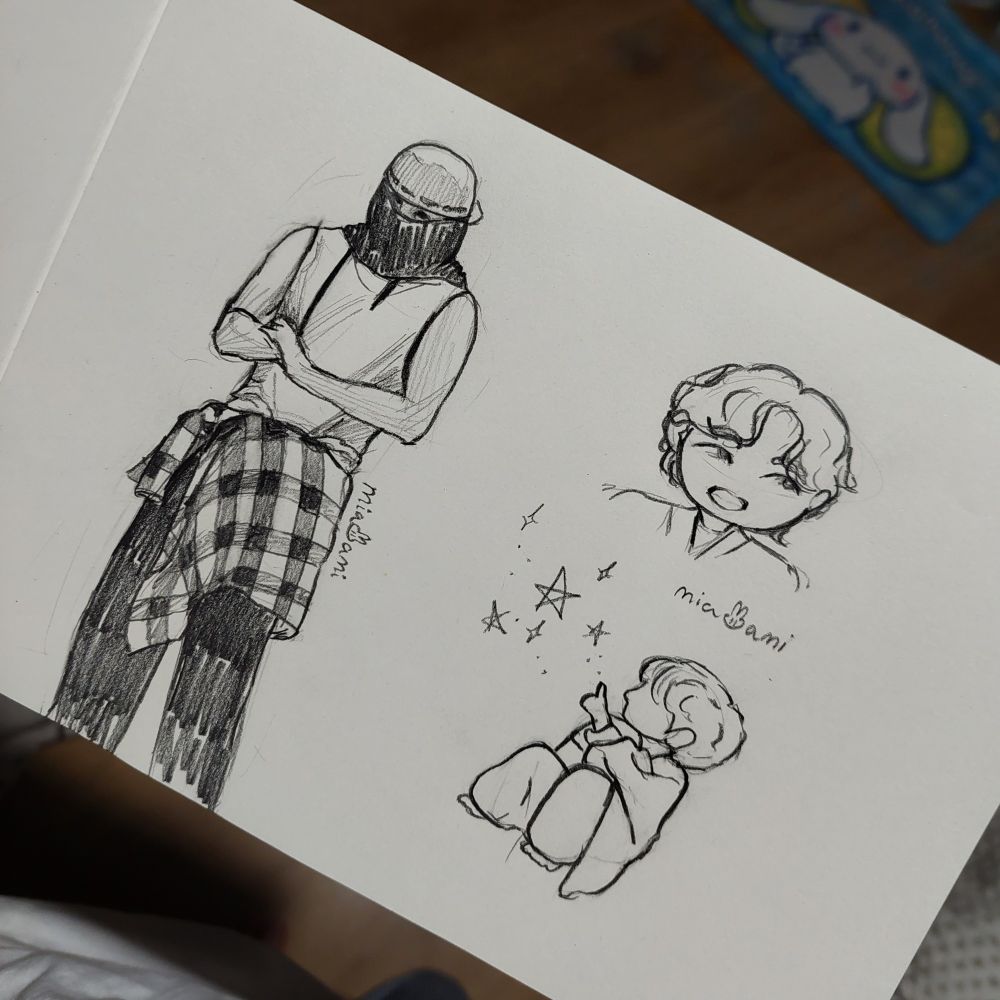on the left, a drawing of tae standing in his dance clothes, face covered. and on the right, two little chibi taehyungs, one smiling and the other sitting in a blanket, pointing at stars.
