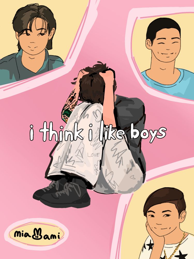 "I think I like boys" meme with jungkook crouched in the middle and three different namjoon drawings around him 