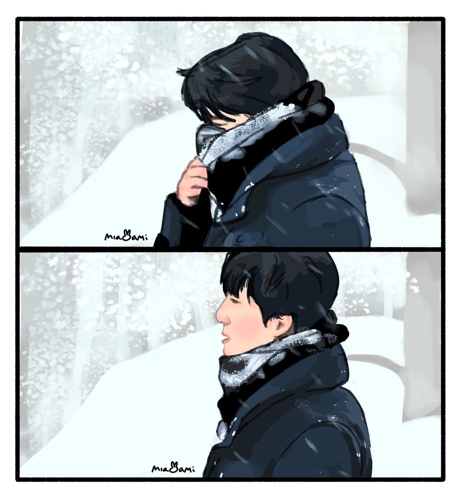 two drawn scenes of jungkook from are you sure. it's snowing around him, and he's in the middle of taking his scarf off in the first scene above. In the second one below, he's removed it and is breathing in with his cheeks rosy.