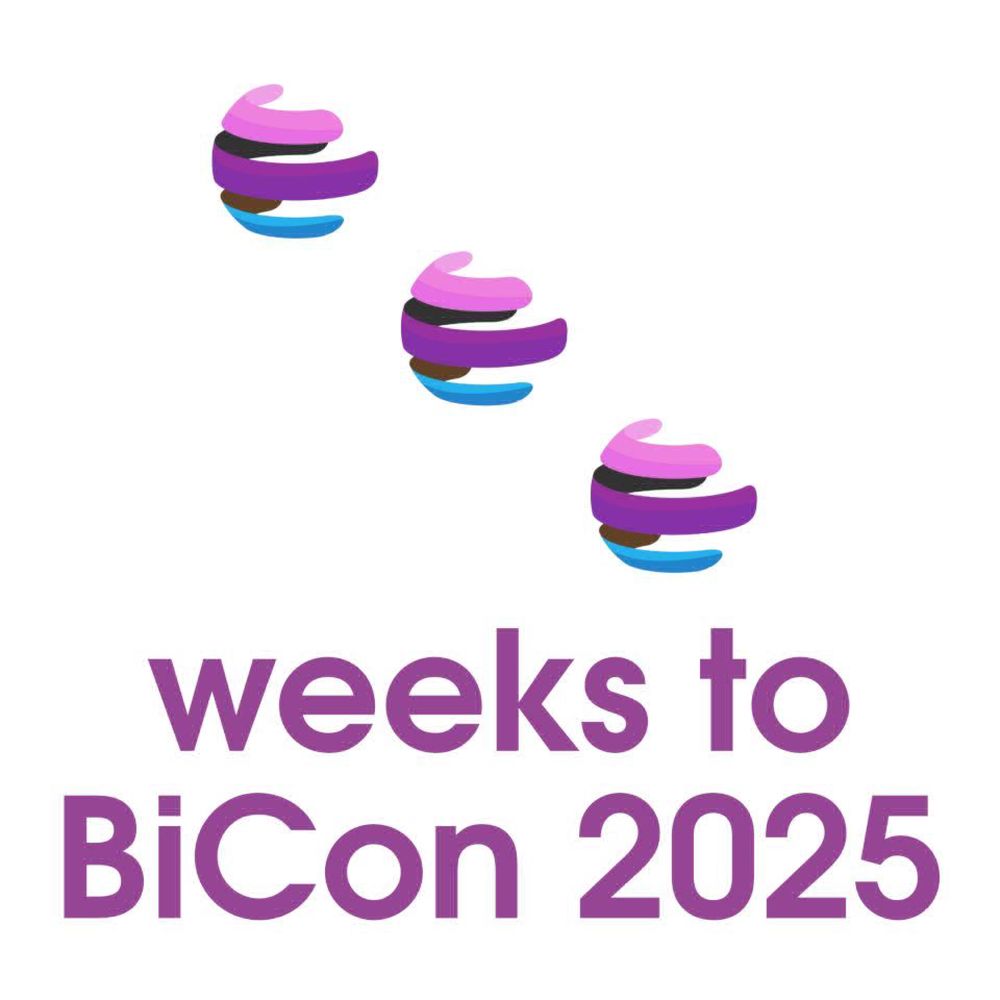 'Three weeks to BiCon 2025' with the three made up of the circular BiCon logo as the dots on a die