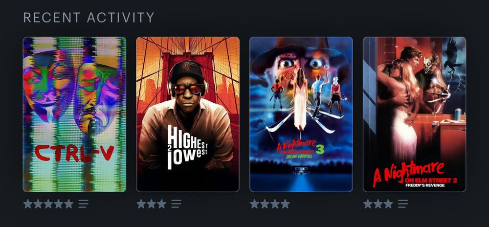 Screen shot of last four watched from Letterboxd app showing Ctrl-V, Highest 2 Lowest, A Nightmare on Elm Street 3: The Dream Warriors, and A Nightmare on Elm Street 2: Freddy’s Revenge
