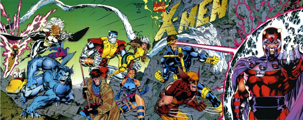 Gatefold cover to X-Men number 1 from 1991 featuring blue and gold x-men teams and Magneto. 