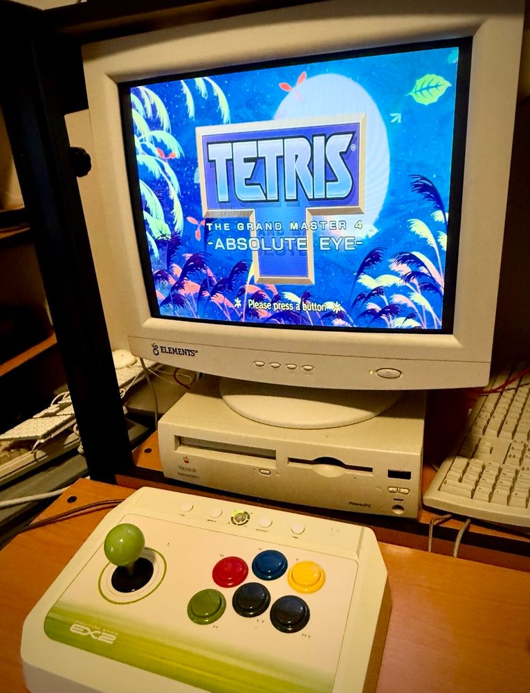 TGM4 Tetris the Grand Master 4 -Absolute Eye- running off a PC CRT VGA monitor and an old 360 arcade stick