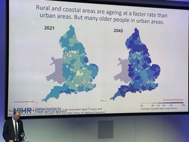 "Rural and coastal areas are ageing at a faster rate than urban areas. But many older people in urban areas" slide from Prof Sir Chris Whitty's presentation at the Multiple Long-Term Conditions (MLTC) Cross NIHR-Collaboration (CNC) launch event on 27 November 2024.