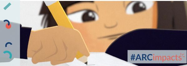 Illustration of a school child holding a pencil and looking at a blank sheet of paper. Still image from the Behaviour in Schools Study  (BISS) animation. #ARCimpacts logo