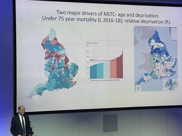 "Two major drivers of MLTC - age and deprivation." slide from Prof Sir Chris Whitty's presentation at the Multiple Long-Term Conditions (MLTC) Cross NIHR-Collaboration (CNC) launch event on 27 November 2024.