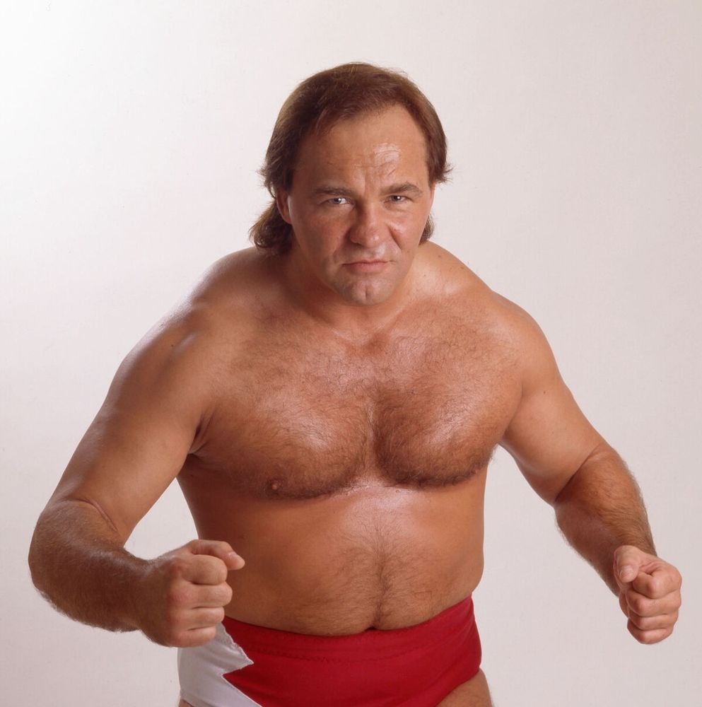 Pro wrestler Larry Zbyszko posing and making a tough face. He has brown hair and is wearing red and white wrasslin' trunks.